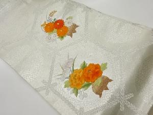 リサイクル　変わり亀甲に花々模様刺繍名古屋帯